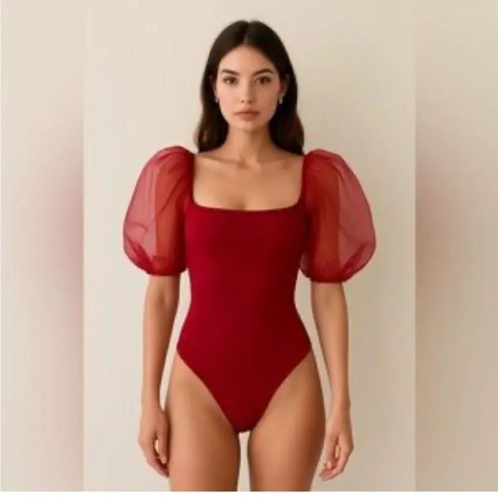 ASTR the Label Revolve Darling Sheer Puff Sleeve Bodysuit wine $88
